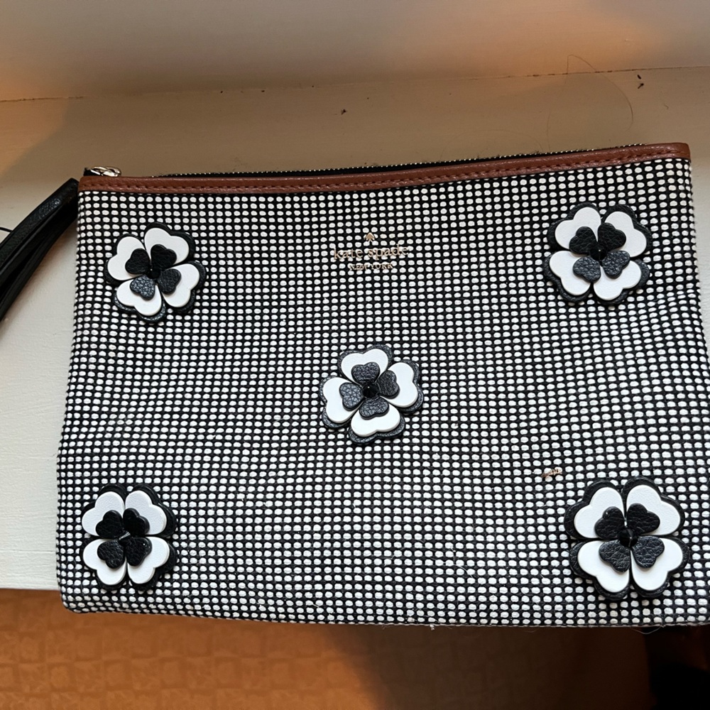 Kate Spade Black White Ash Street Flower Appliqué Large Tassel Clutch